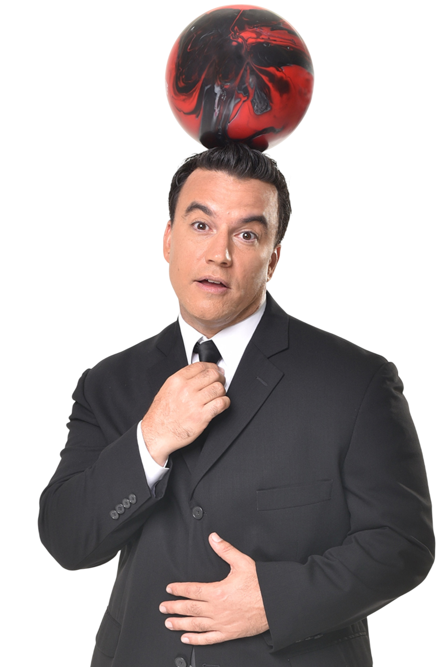 Randy Cabral balancing a red and black bowling ball on his head