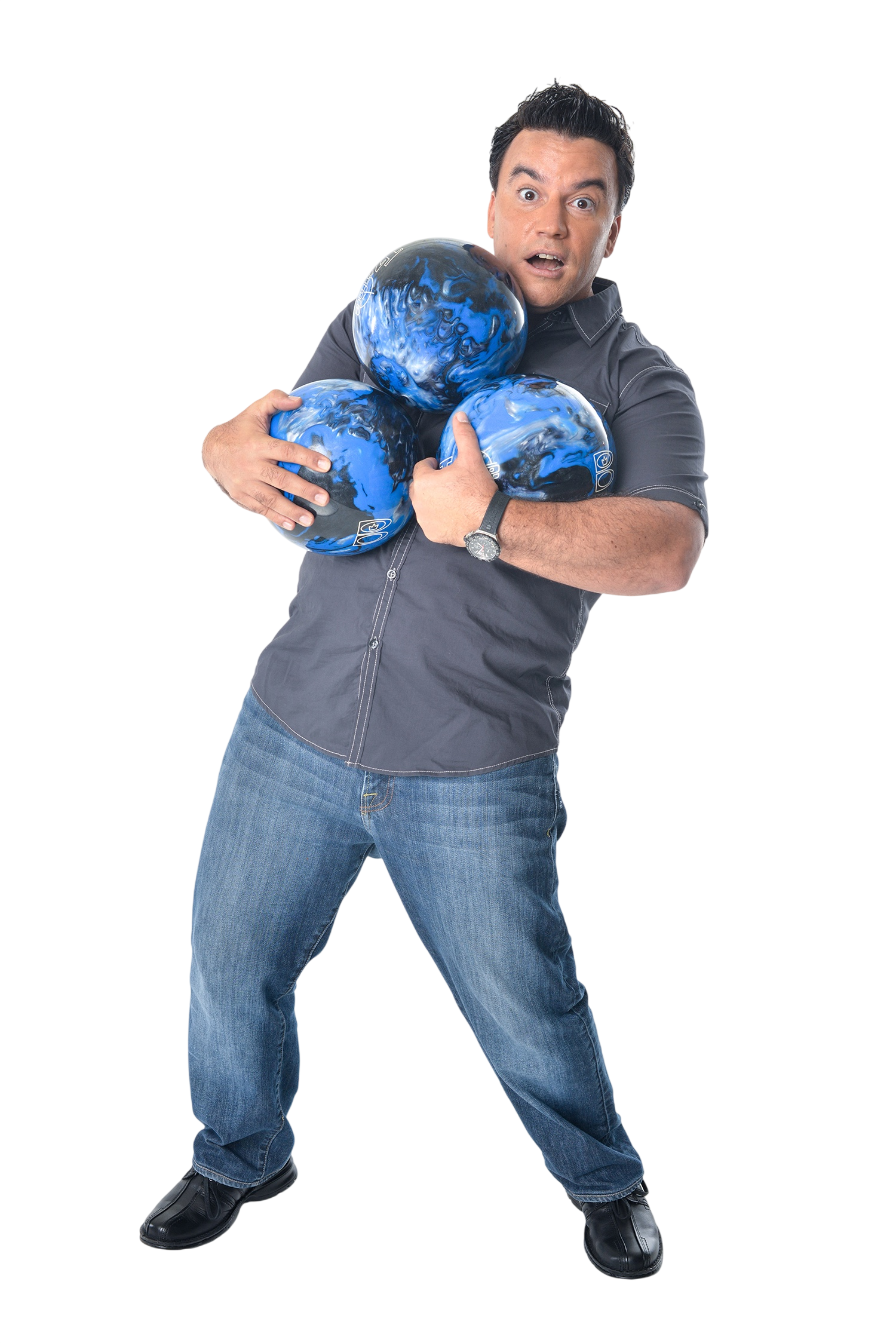 Randy Cabral holding three blue bowling balls